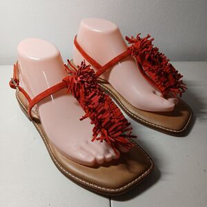 Chicos Bahia Women Fringed Thong Sandals 7M Red Leather Flat Casual Summer Shoes